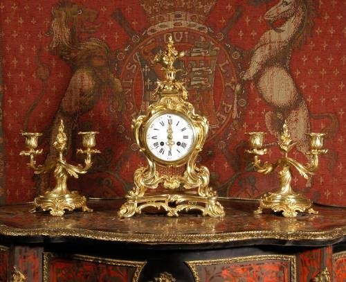 fig 1. Antique French Rococo Boudoir Table Clock Set ~ Japy Freres Circa 1880.